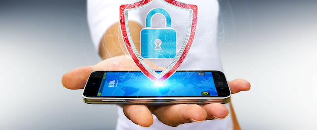 A man holding a phone with a padlock icon 